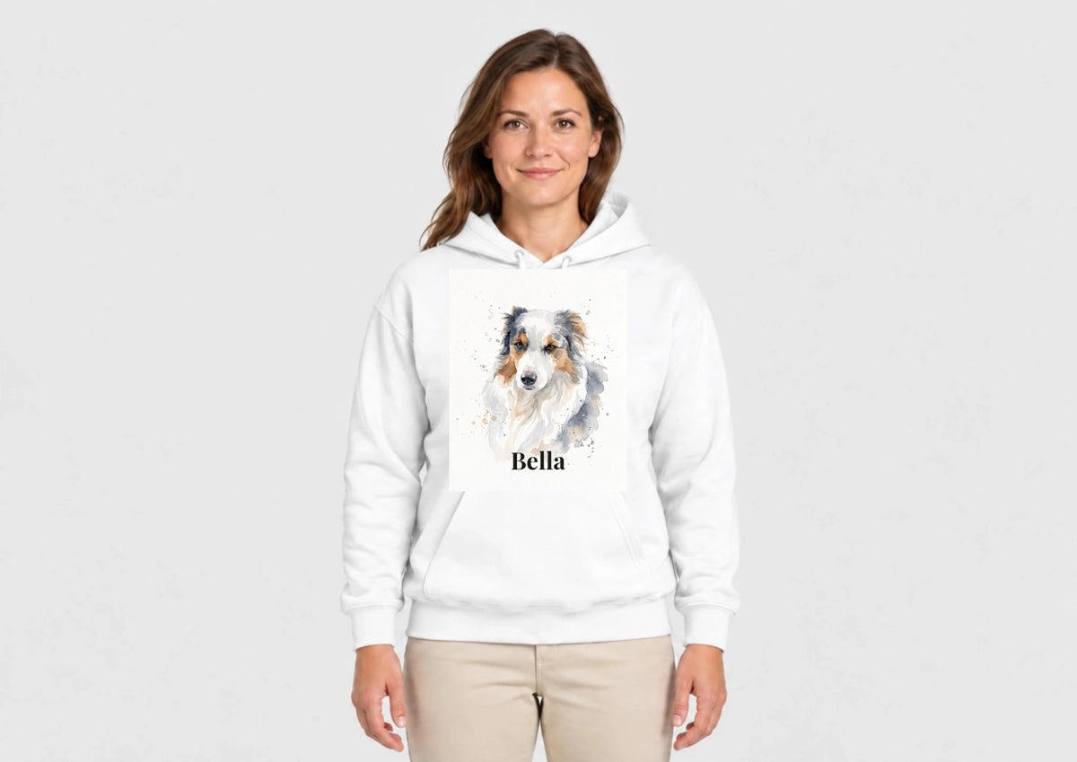 Hoodie in Weiß mit Hundeportrait und Namen