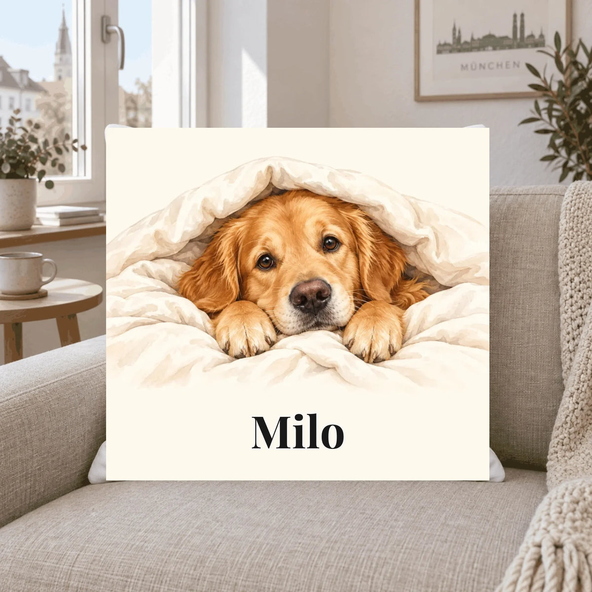 Kissen Unter der Decke mit Golden Retriever und Namen Milo auf dem Sofa