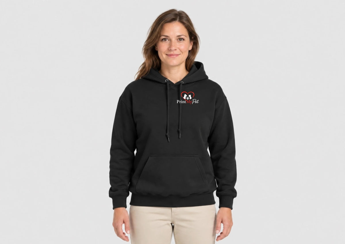 PrintMyPet Edition Hoodie in Schwarz mit weiß-rotem Logo auf der Brust