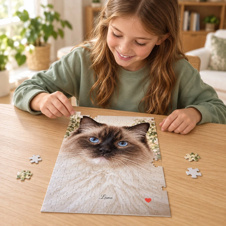 Kind beim Zusammensetzen des personalisierten Katzen-Puzzles Luna