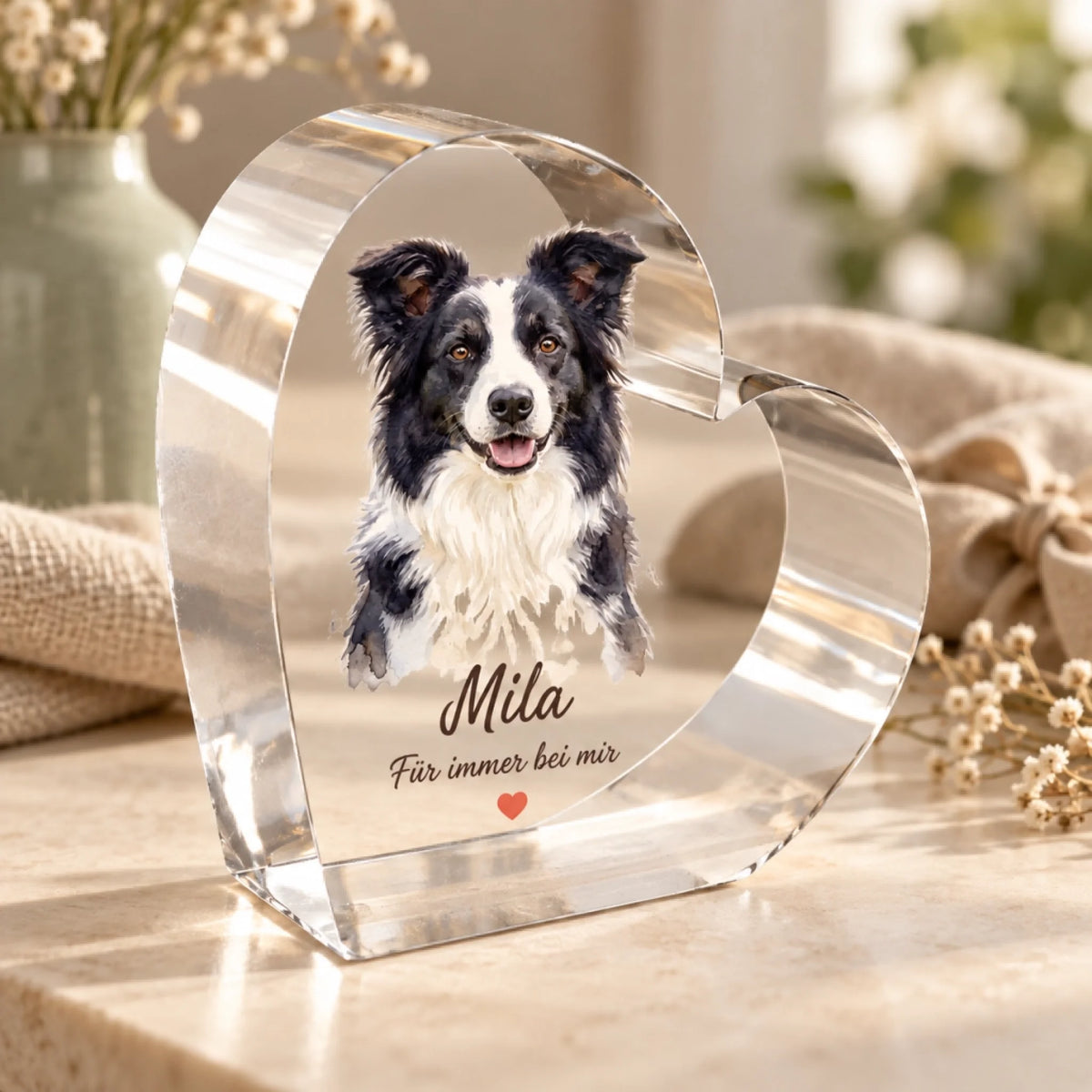 Personalisiertes Hunde-Acrylherz mit Aquarellporträt, Name Mila und Herz – Gestaltungsbeispiel
