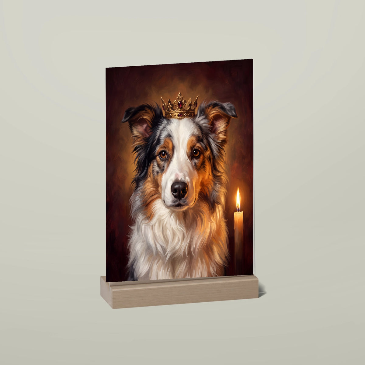 Dog portrait acrylic stand with wooden base in Royal style, with name and an extra line of text