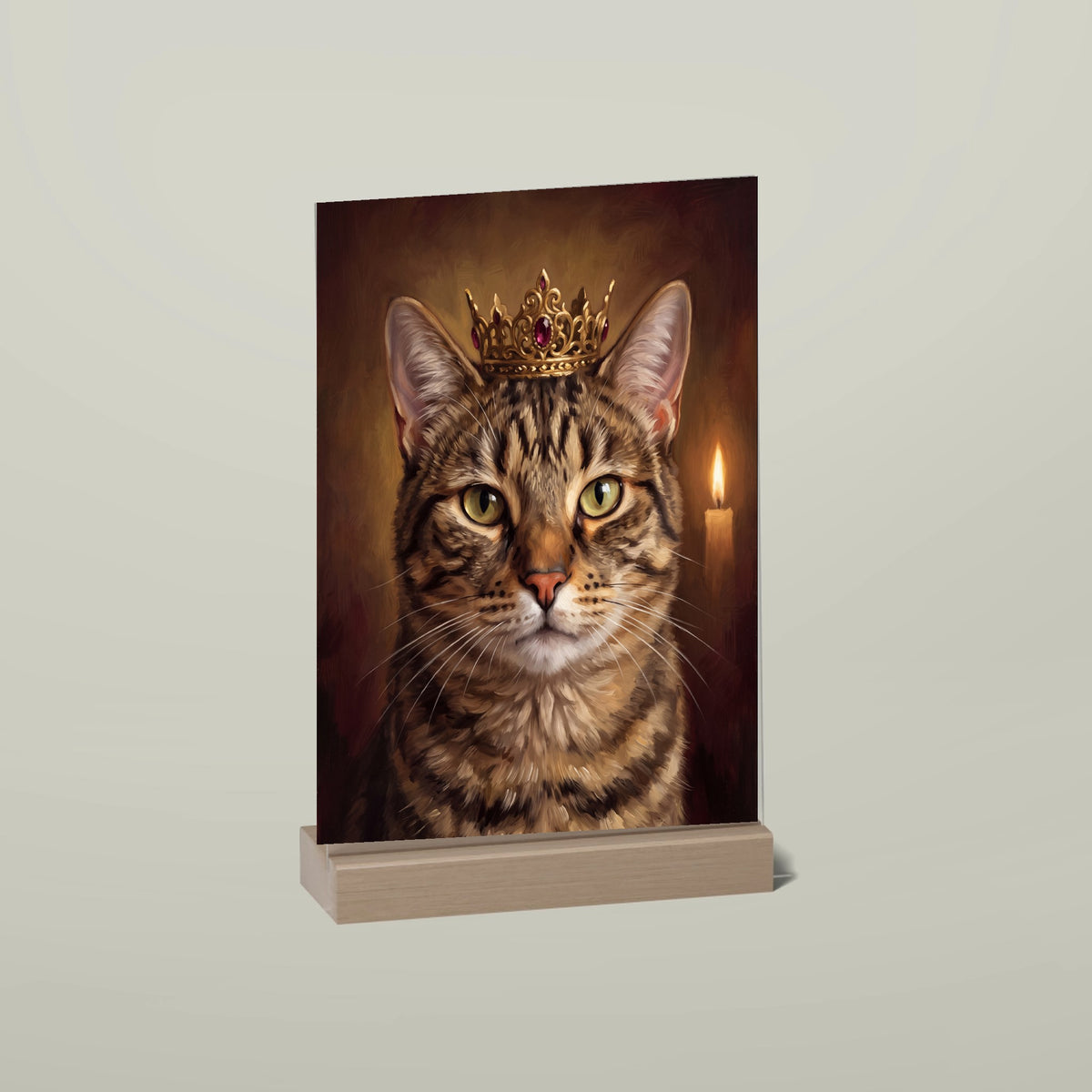 Cat portrait acrylic stand with wooden base in Royal style, with name and an extra line of text