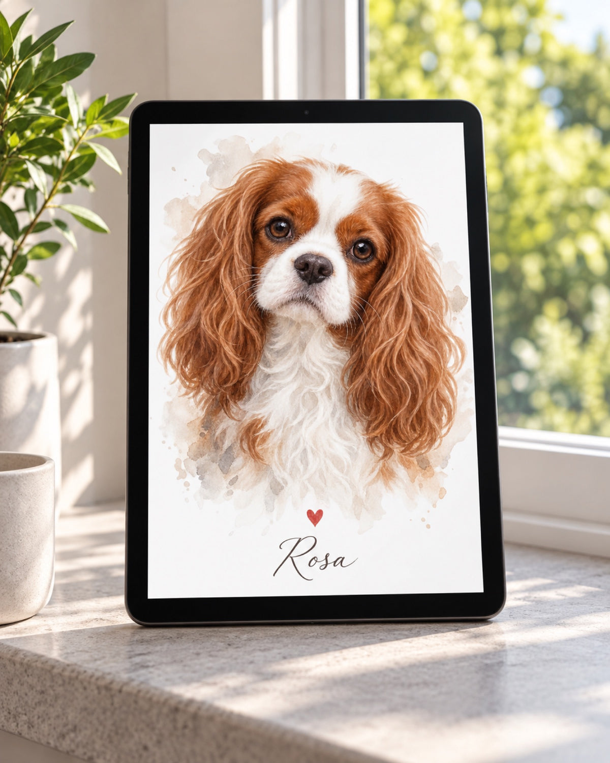 Digitales Tierportrait mit Cavalier King Charles Spaniel im Herzensbild Stil und Namen Rosa als Beispiel auf einem schwarzen Tablet auf einer hellgrauen Fensterbank im Sommer