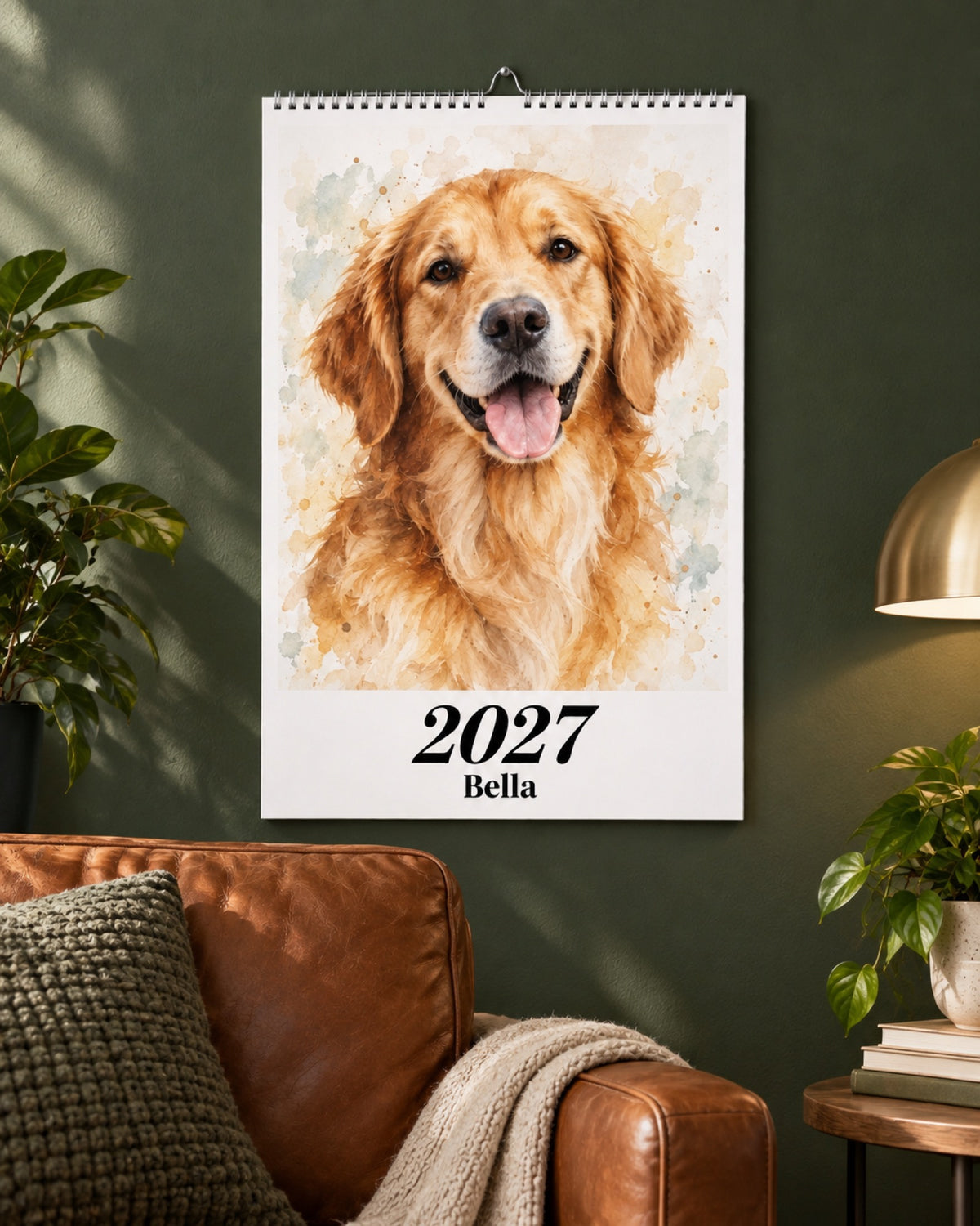 Wandkalender 2027 mit Golden Retriever Bella im Aquarellportrait an einer dunkelgrünen Wand über cognacfarbenem Sessel