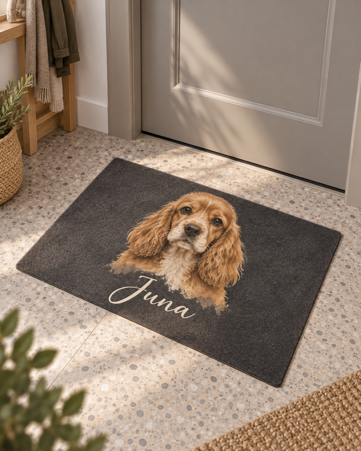 Anthrazitfarbene Fußmatte mit Cocker Spaniel Juna im Eingangsbereich mit Terrazzo