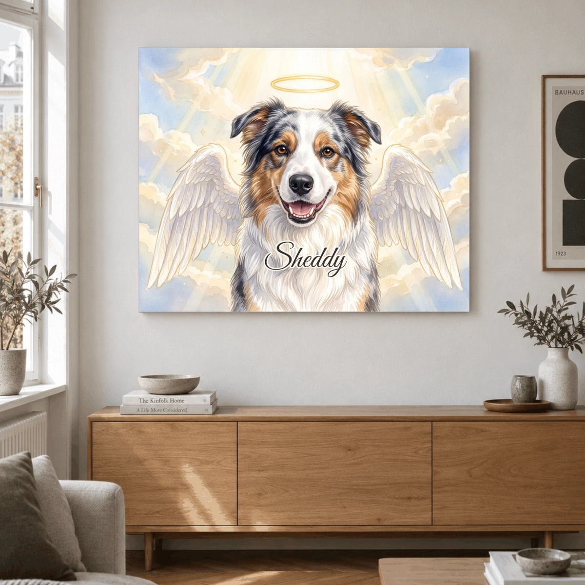 Gedenkportrait Engel auf Leinwand im Wohnzimmer: Hund Sheddy mit Engelsflügeln und Heiligenschein, mit Namen