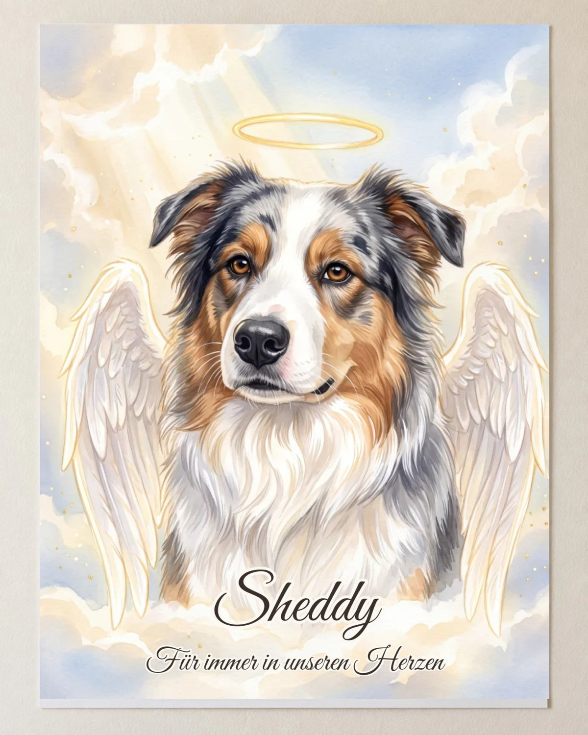 Angel memorial portrait as a poster, portrait format: Sheddy the dog with angel wings and a halo against a bright sky, with name