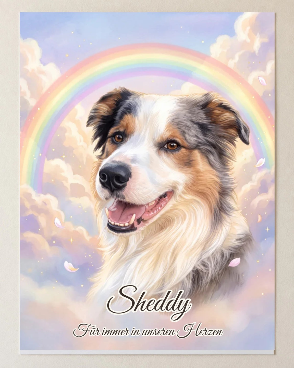 Rainbow Bridge memorial portrait as a poster, portrait format: Sheddy the dog in front of a rainbow in pastel clouds, with name