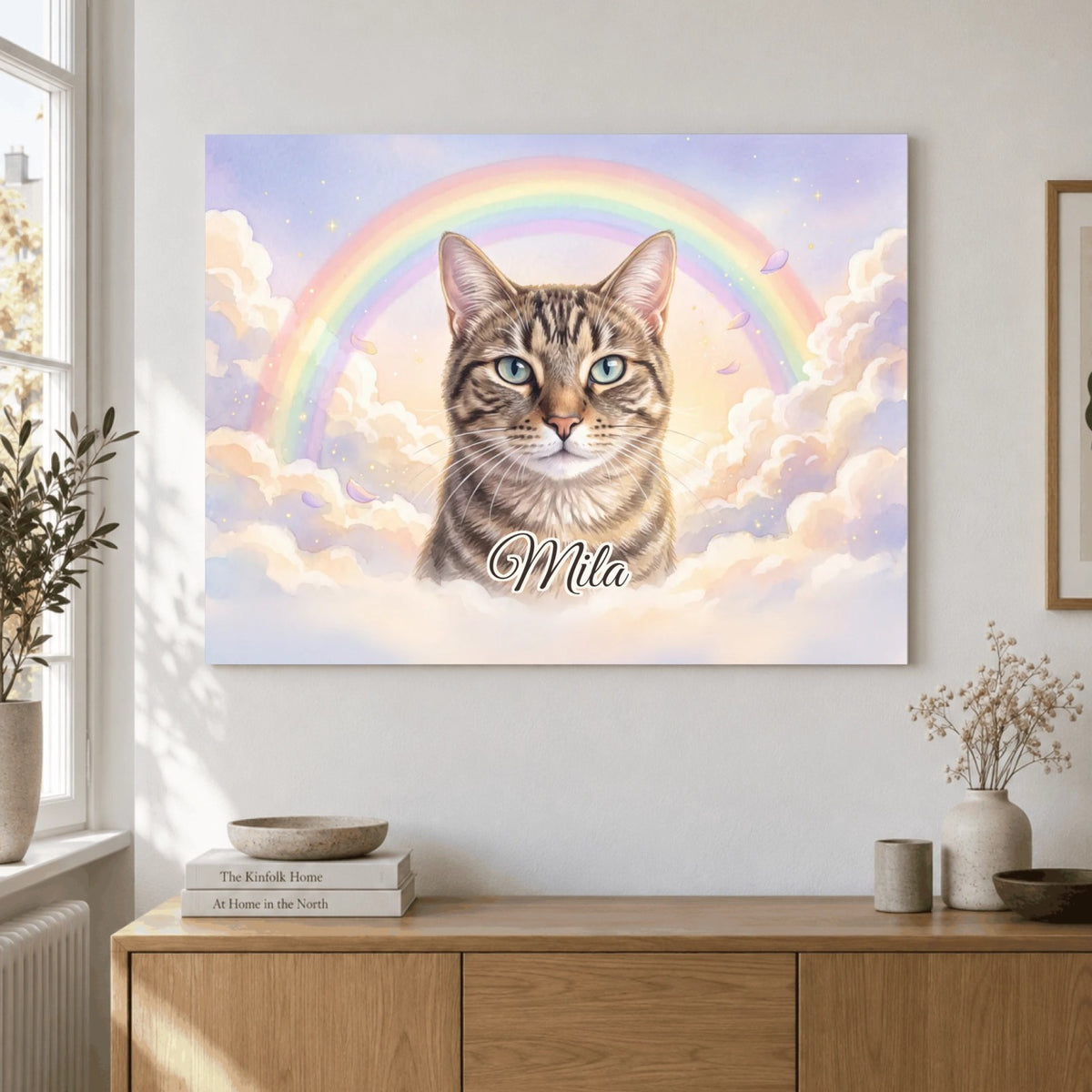 Rainbow Bridge memorial portrait as a poster on the wall: Mila the cat beneath a rainbow in the clouds, with name
