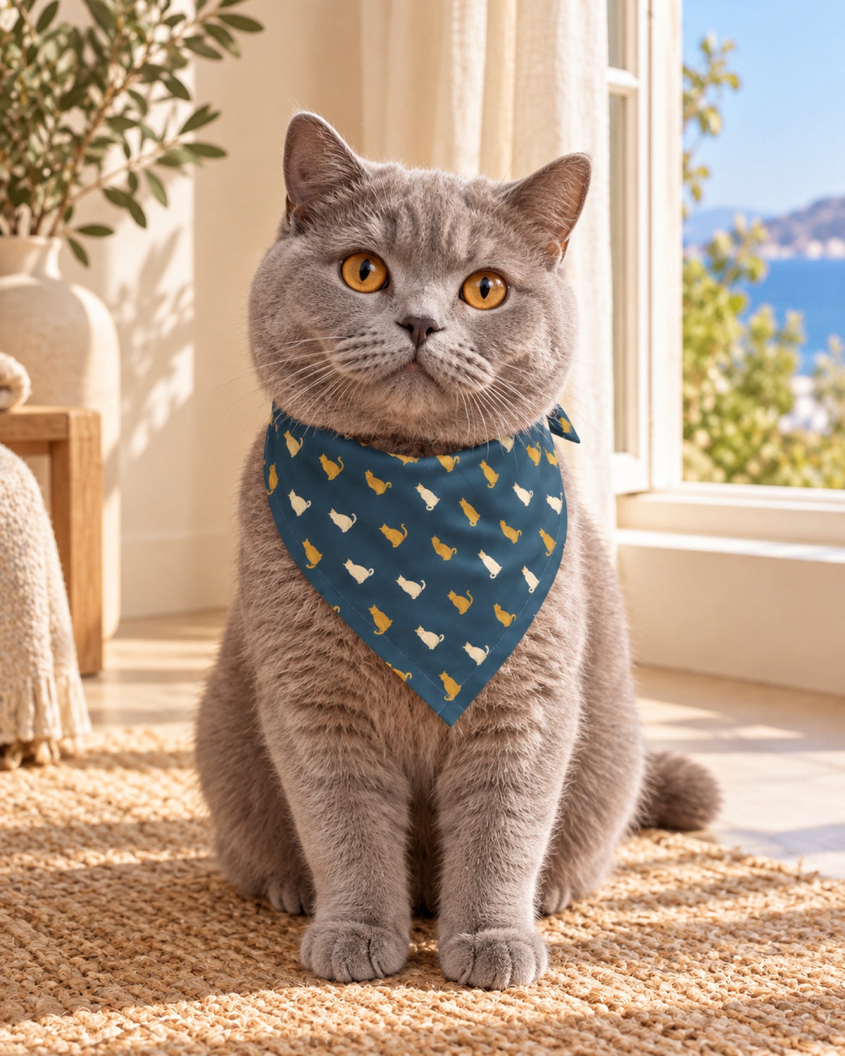 Britisch Kurzhaar Katze mit blauem Halstuch mit Katzenmuster auf einer ruhigen sandfarbenen Wohnung am offenen Fenster im Sommer