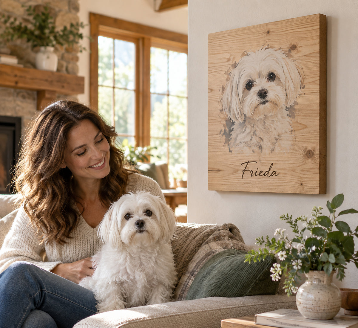 Dog portrait on wood in a living room, Maltese named Frieda