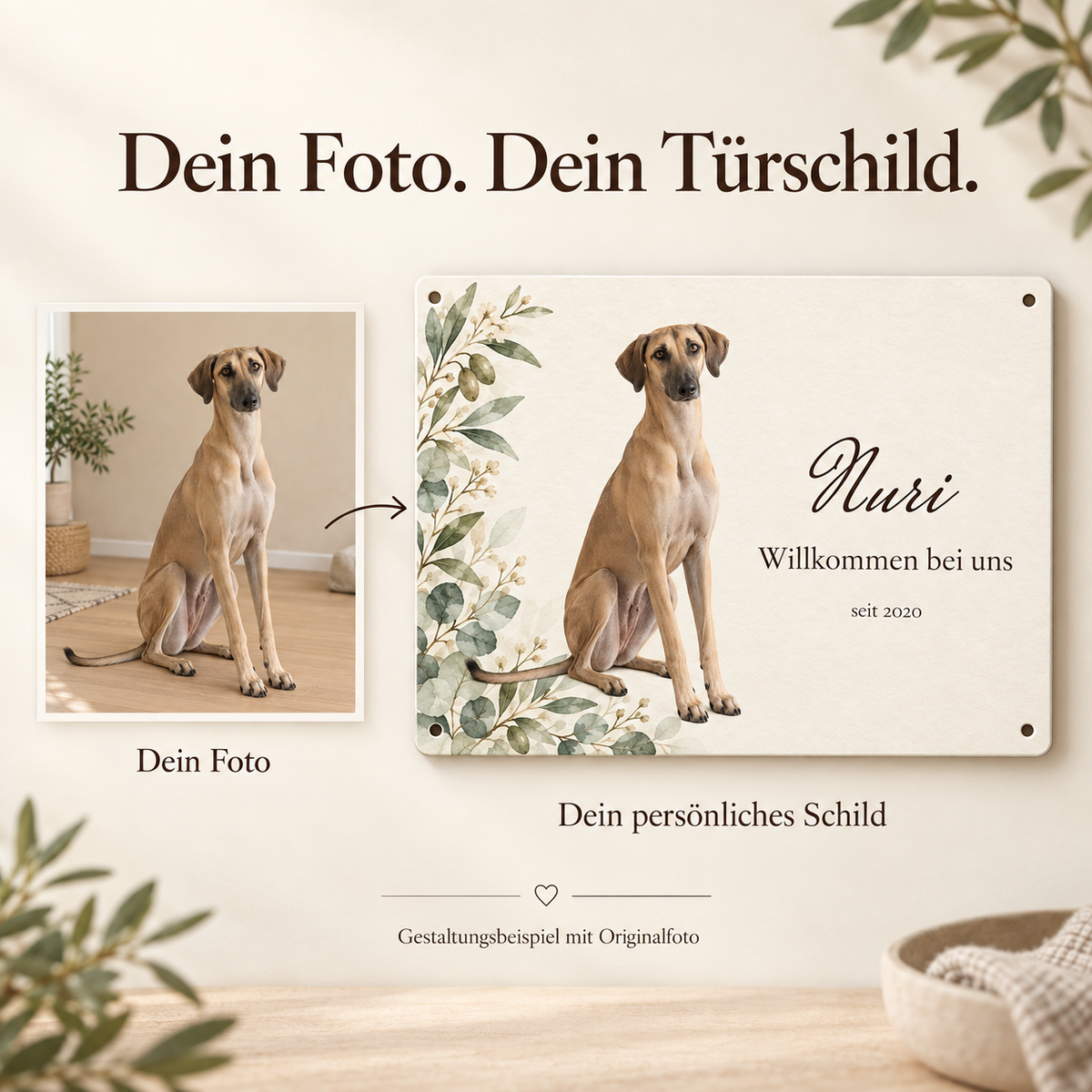 Vom eigenen Foto zum persönlichen Türschild: Sloughi Nuri mit botanischem Hintergrund, Namen, Wunschtext und Datum.