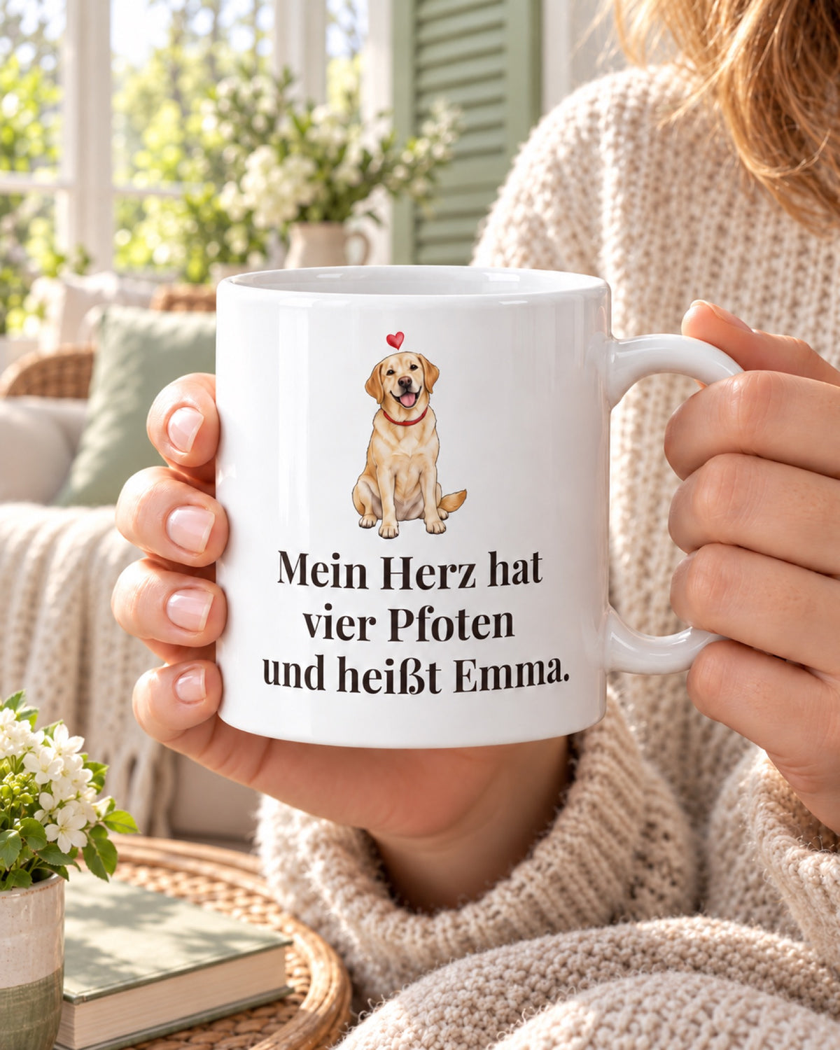Hände halten die Tasse „Mein Herz hat vier Pfoten und heißt Emma.“ mit Labrador