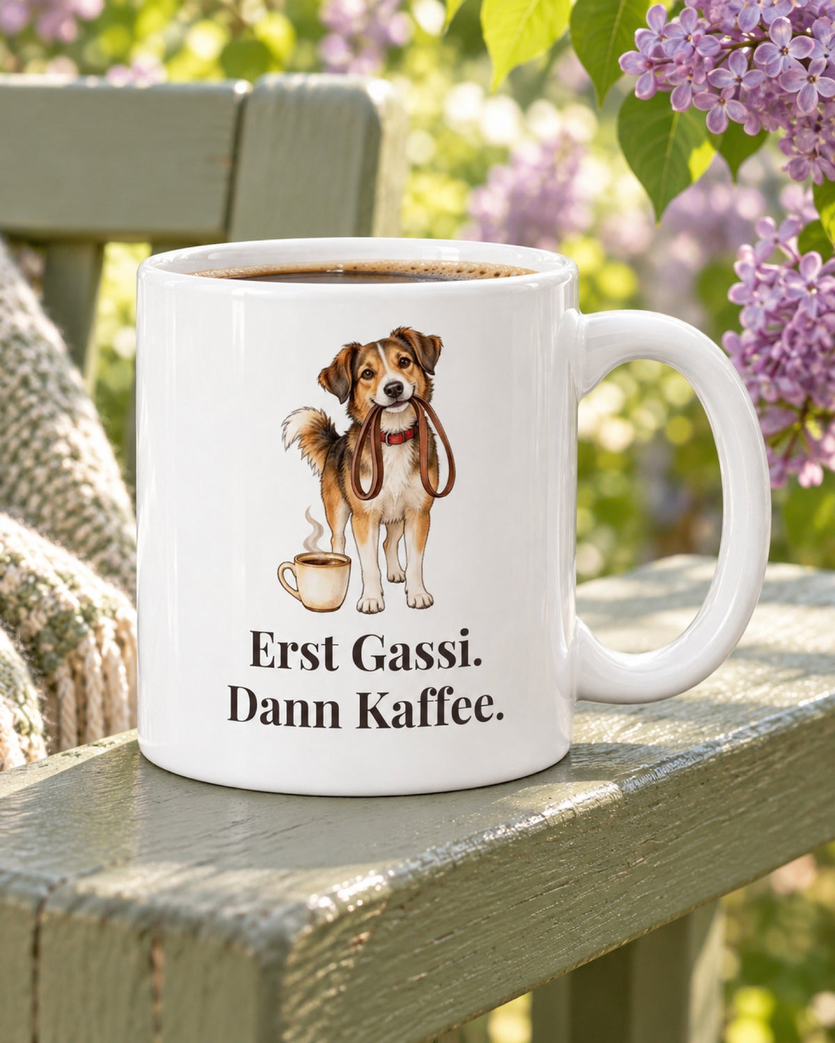 Weiße Keramiktasse Hundetasse mit Spruch: Erst Gassi. Dann Kaffee. auf einer grünen Gartenbank im Frühling