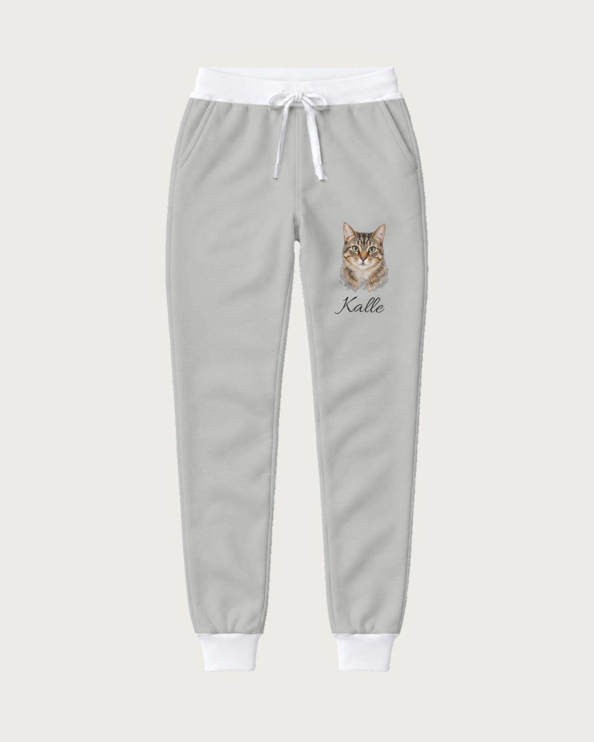 Light grey joggers with cat portrait and name: view of the full joggers