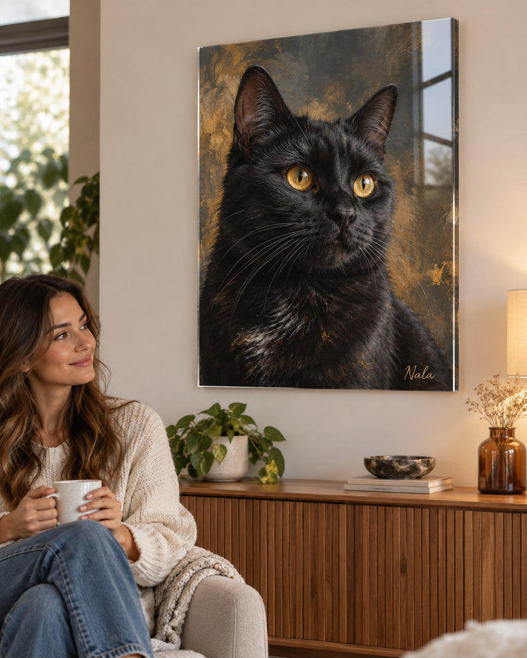 Katzenportrait auf Acrylglas im Wohnzimmer, Schwarze Katze mit dem Namen Nala