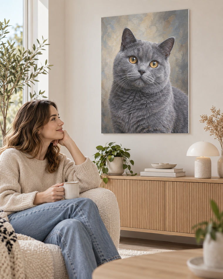 Katzenportrait auf Hartschaumplatte im Wohnzimmer, Britisch Kurzhaar