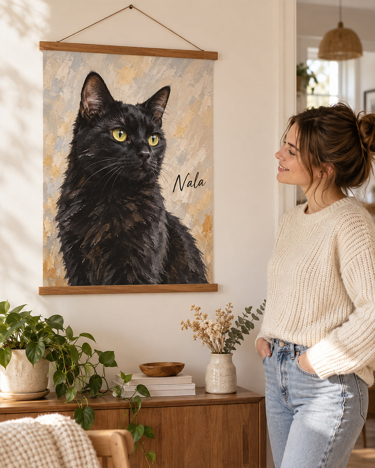Katzenportrait mit Aufhängung im Wohnzimmer, Schwarze Katze mit dem Namen Nala