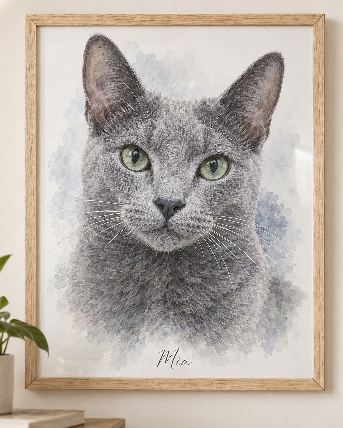 Cat portrait in a wooden frame: Russian Blue named Mia