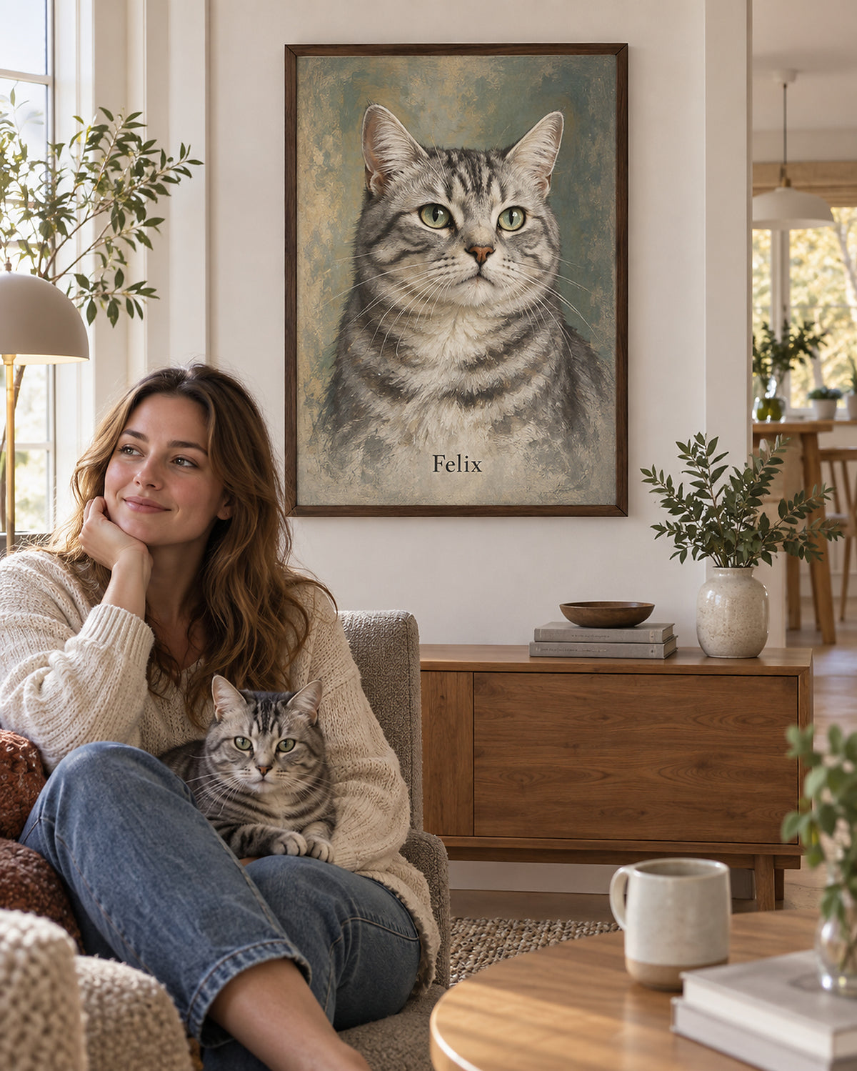 Katzenportrait im Holzrahmen im Wohnzimmer, Getigerte Hauskatze mit dem Namen Felix