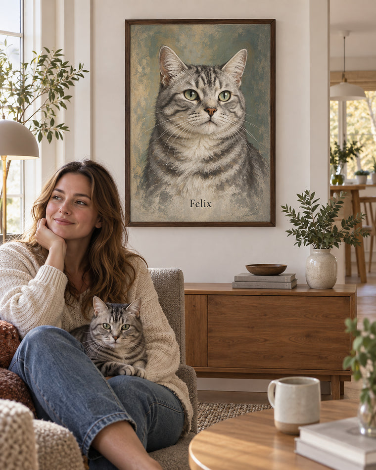 Katzenportrait im Holzrahmen im Wohnzimmer, Getigerte Hauskatze mit dem Namen Felix