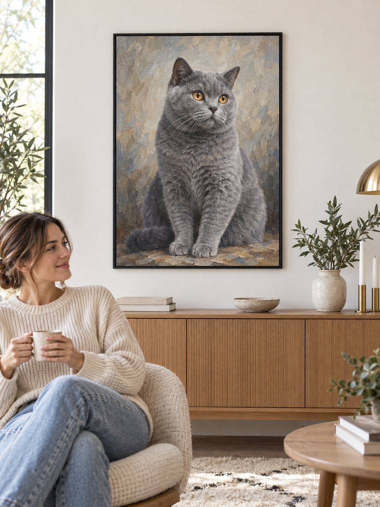 Katzenportrait im Metallrahmen im Wohnzimmer, Britisch Kurzhaar