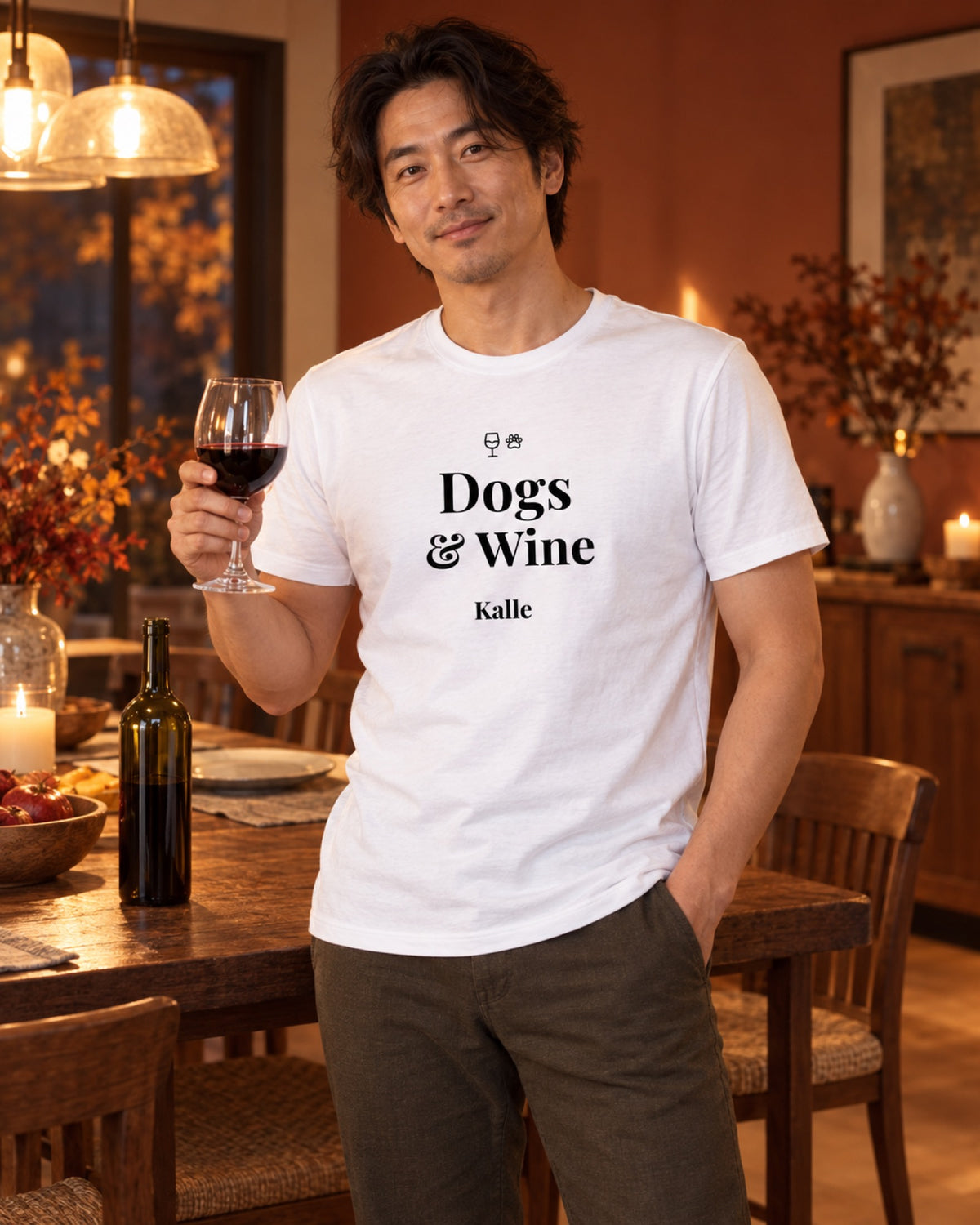 Mann im weißen Dogs and Wine T-Shirt mit Beispielname Kalle im rostroten Esszimmer