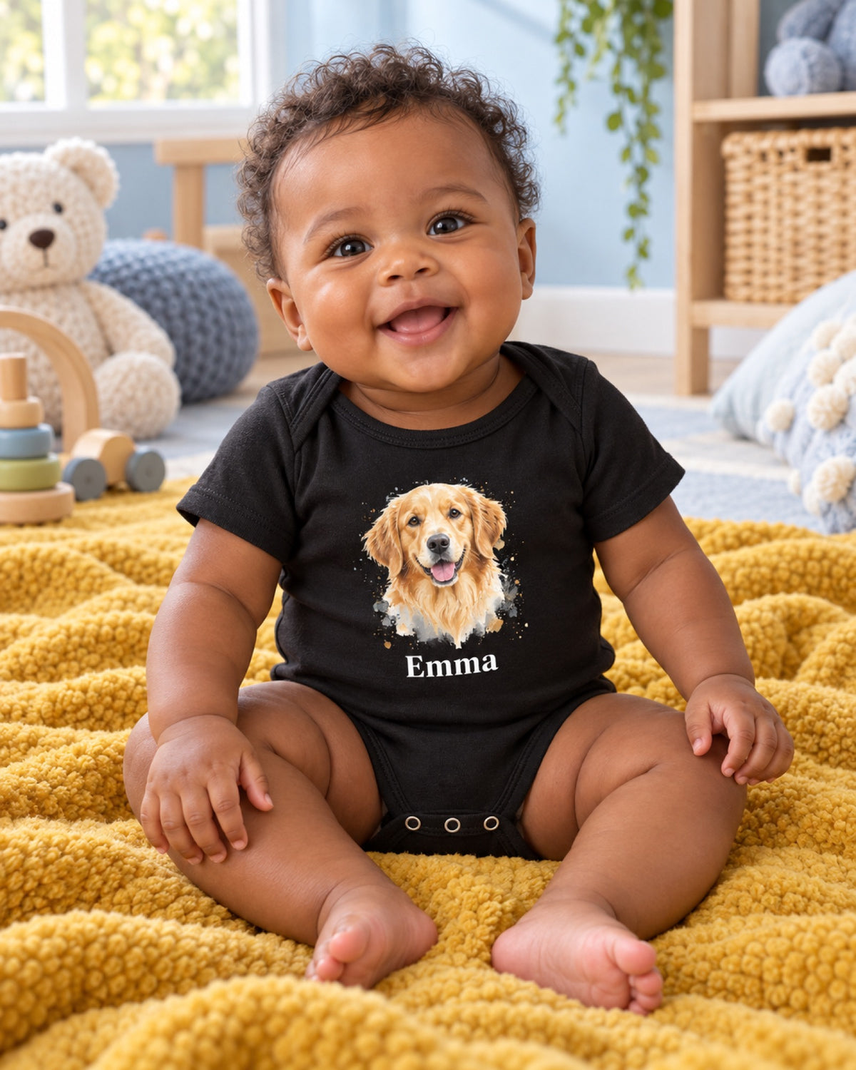Baby im schwarzen Kurzarmbody mit Golden Retriever Emma als Aquarellportrait auf einer senfgelben Decke