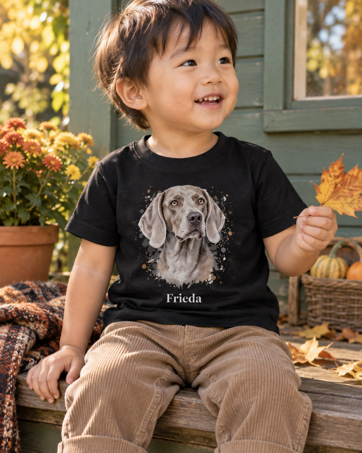Kleinkind im schwarzen T-Shirt mit Weimaraner Frieda als Portrait an einer grünen Gartenlaube