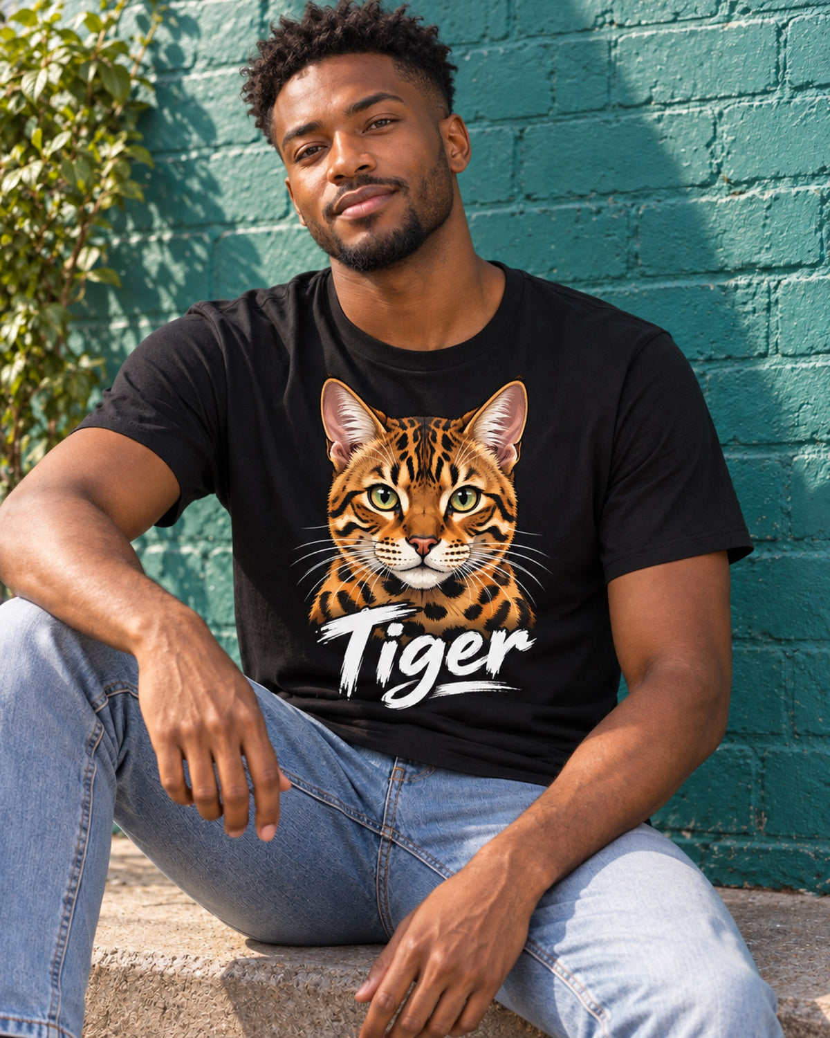 Mann im schwarzen T-Shirt mit Bengalkatze Tiger als Portrait vor einer tealgrünen Sommermauer