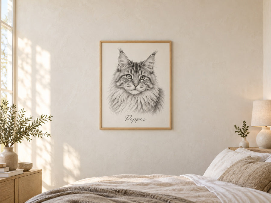 Maine Coon im Sketch-Stil als Poster im Holzrahmen im Schlafzimmer