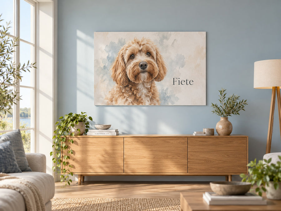 Pudelmischling als Aquarell mit Namen Fiete auf Leinwand