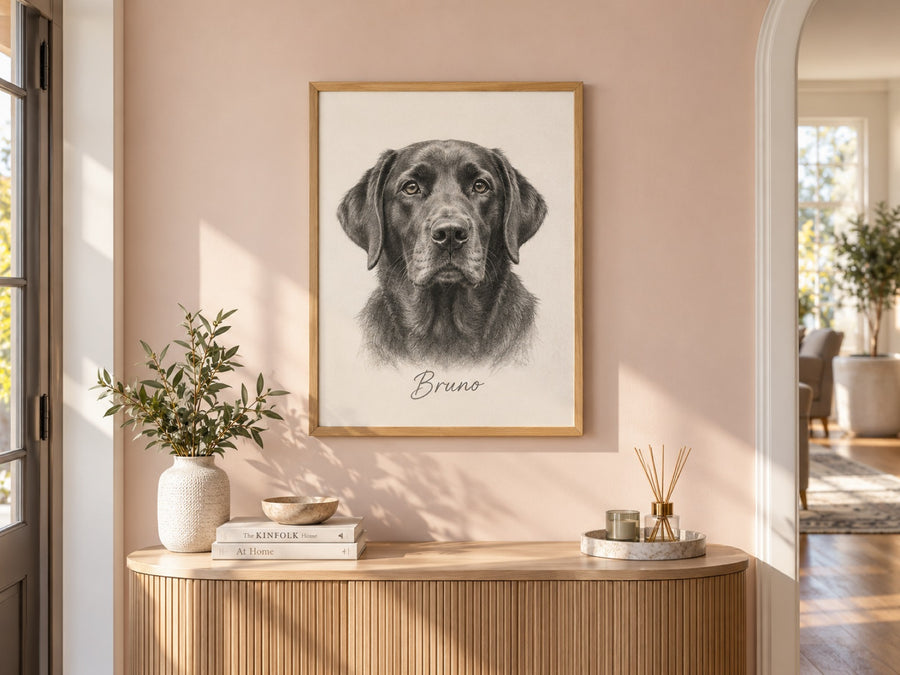 Labrador als Bleistiftzeichnung mit Namen Bruno im Holzrahmen