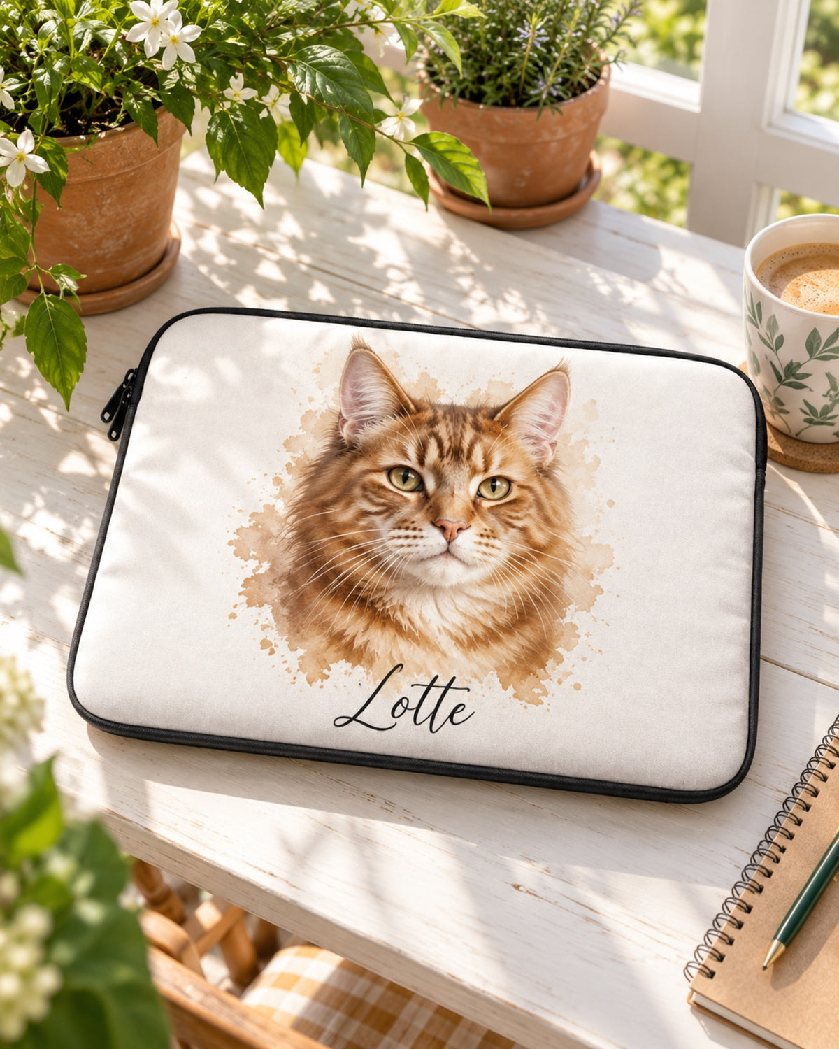 Laptophülle mit Maine Coon Lotte auf einem weißen Wintergarten Schreibtisch im Sommer