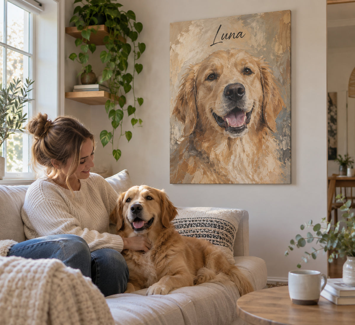 Dog portrait on canvas in a living room, Golden Retriever named Luna