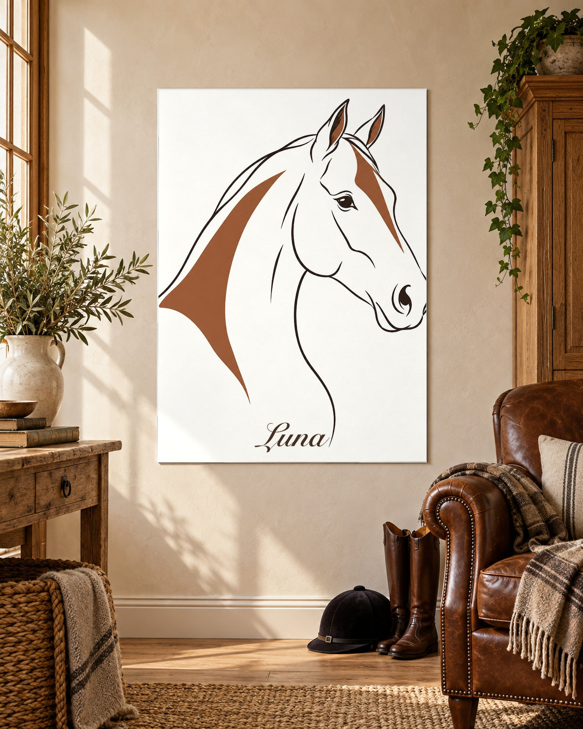 Pferdeportrait im Minimal-Stil mit dem Namen Luna als Poster ohne Rahmen an der Wand im Reiterzimmer