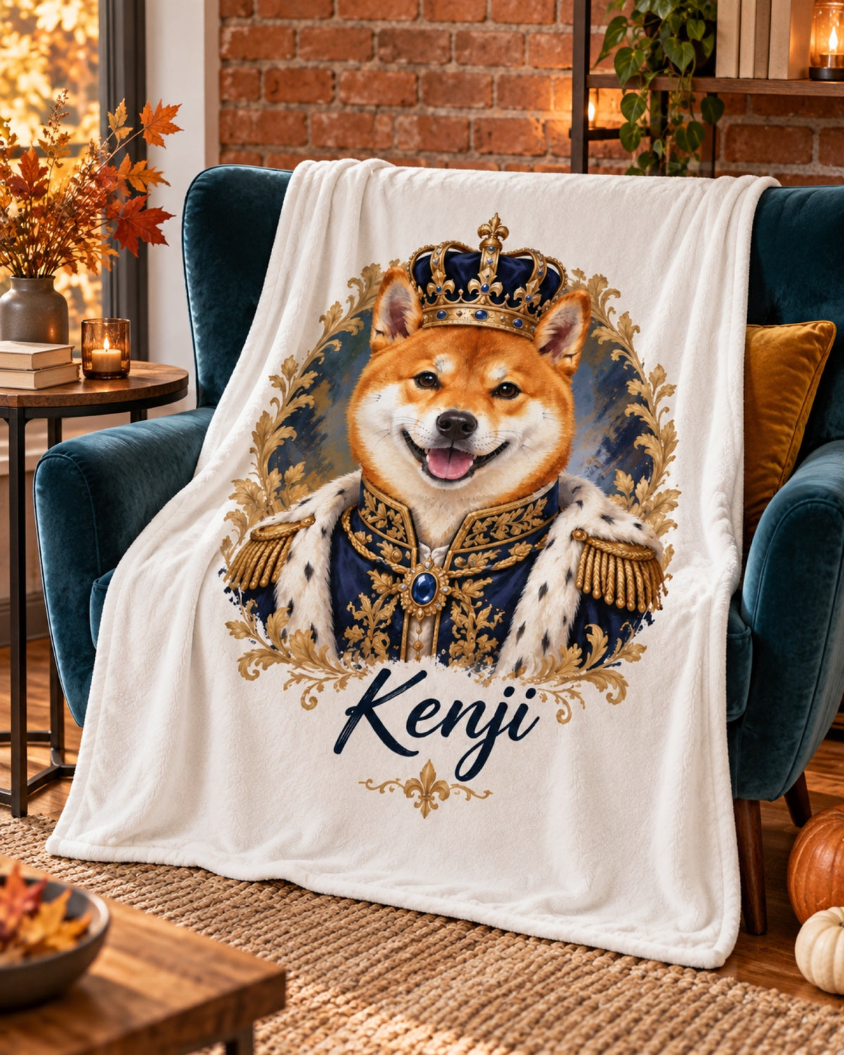 Kuscheldecke mit Shiba Inu im Royal-Stil und Namen Kenji auf einem petrolfarbenen Samtsessel vor Ziegelwand im Herbst