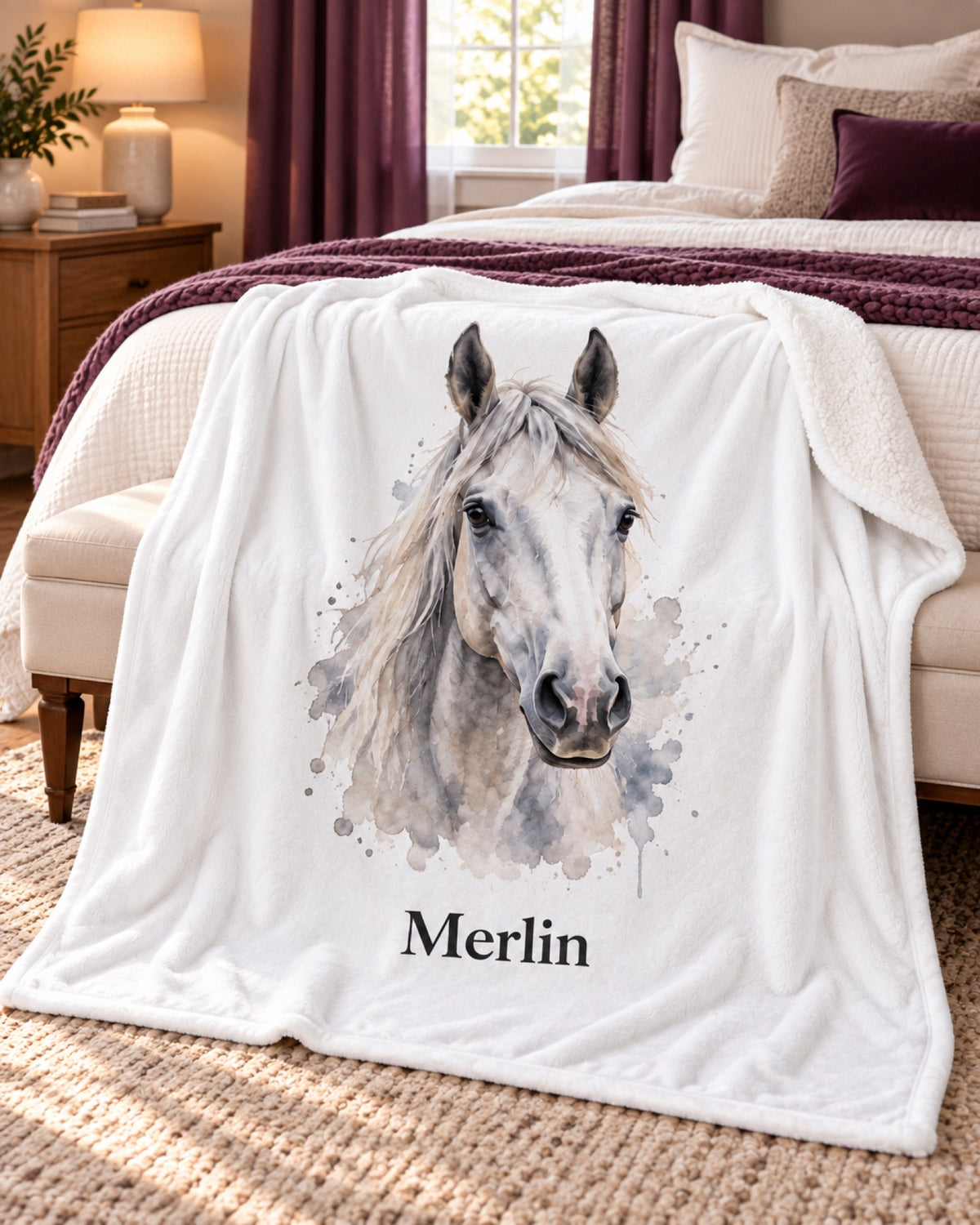 Sherpa-Decke mit Schimmel im Aquarell-Stil und Namen Merlin auf einer weißen Schlafzimmersitzbank vor pflaumenfarbenen Vorhängen