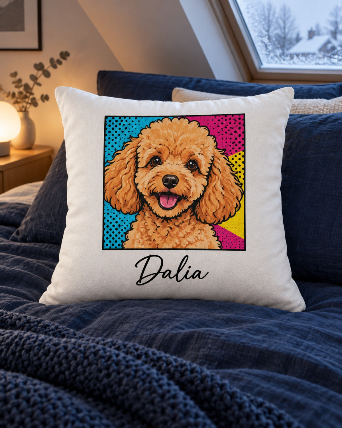 Kissenbezug mit Pudel im Pop-Art-Stil und Namen Dalia gezeigt mit eigener Füllung, auf einem dunkelblauen Bett im Winter