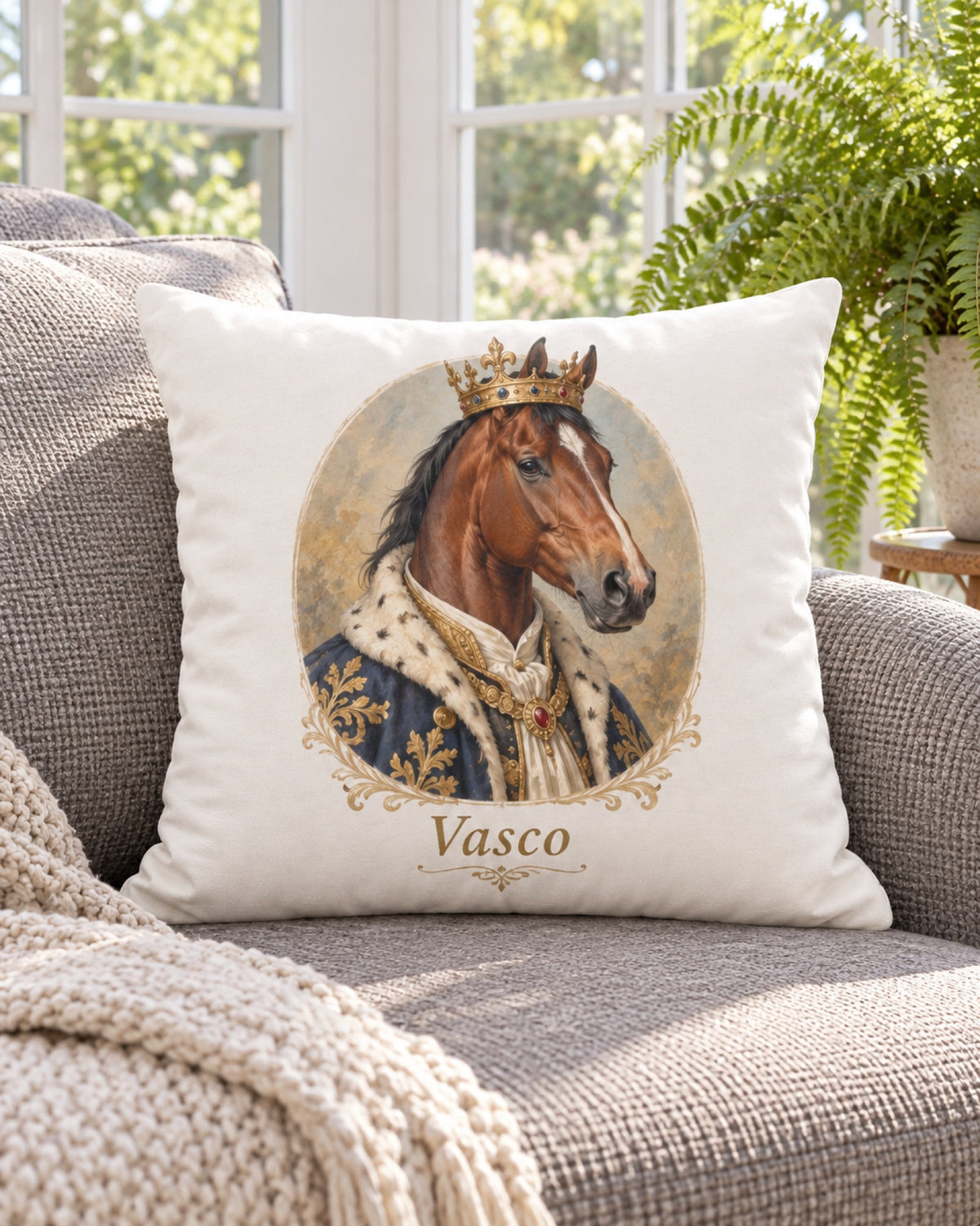 Kissenbezug mit Braunem im Royal-Stil und Namen Vasco gezeigt mit eigener Füllung, auf einer grauen Liege im Wintergarten