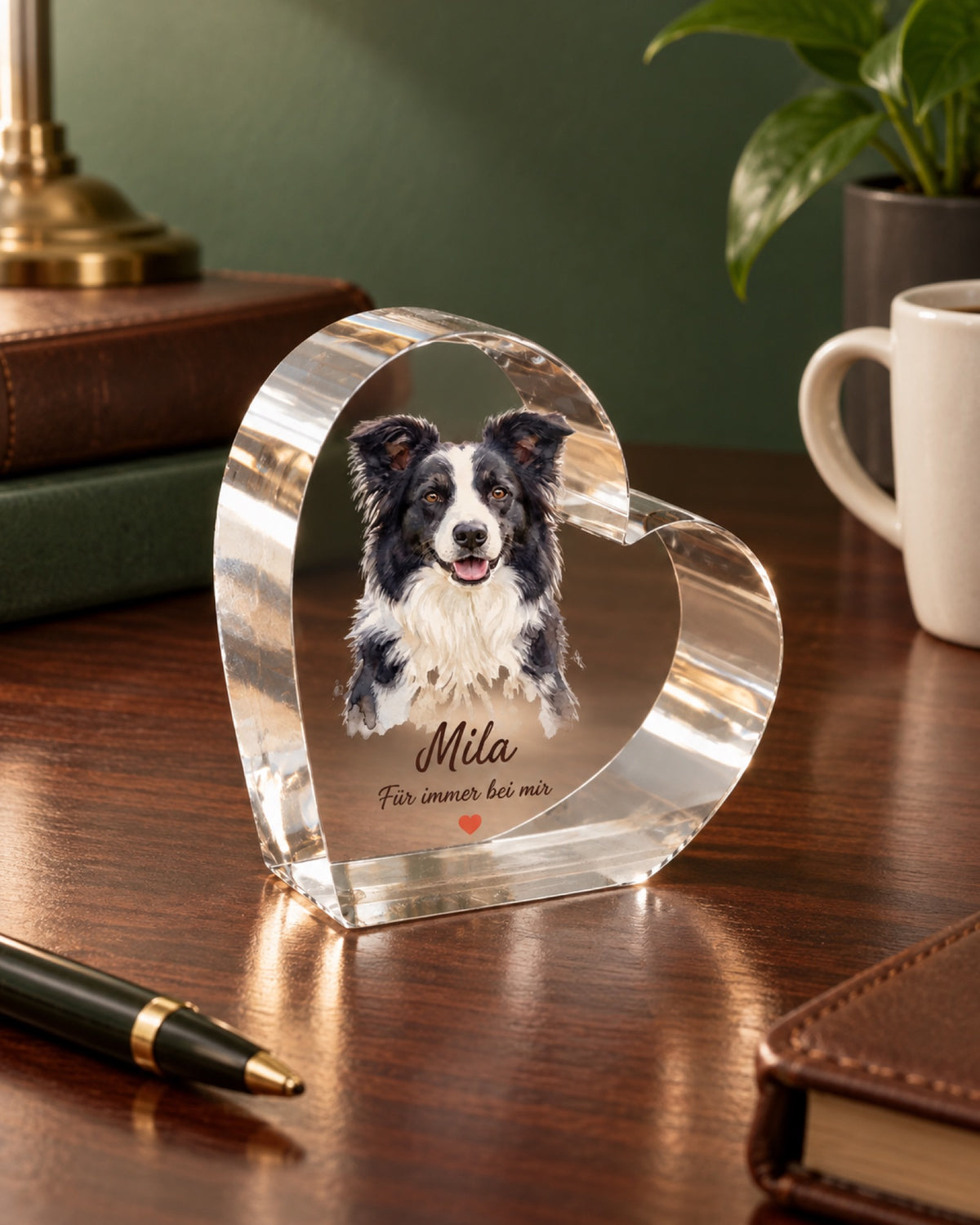 Acrylherz mit Border Collie Mila, Namen und Herz auf dunklem Mahagoniarbeitstisch