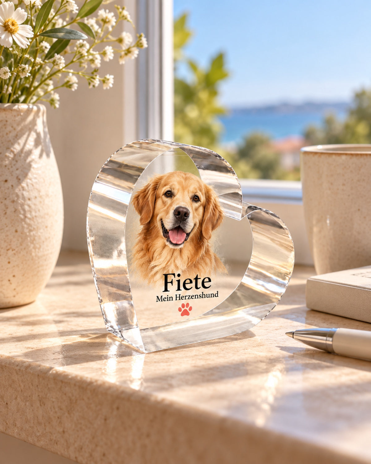 Acrylherz mit Golden Retriever Fiete und Namen auf sandfarbener Fensterbank