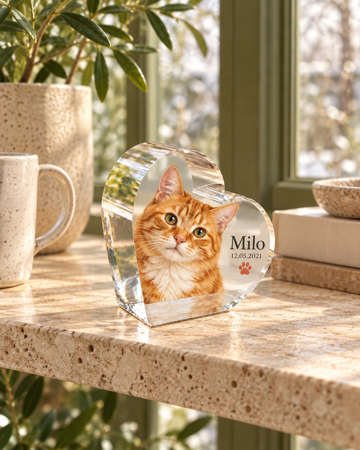 Acrylherz mit roter Tigerkatze Milo, Namen, Datum und Pfote im Wintergarten