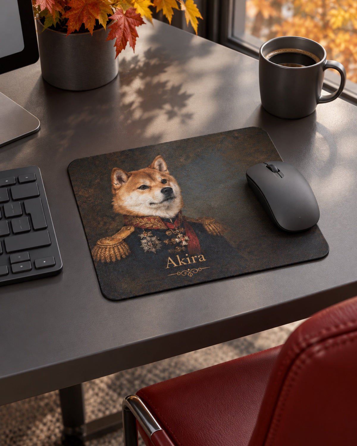 Mauspad 22 × 18 cm mit Shiba Inu im Royal Stil und Namen Akira auf einem dunkelgrauen Metalltisch neben einem roten Bürostuhl im Herbst