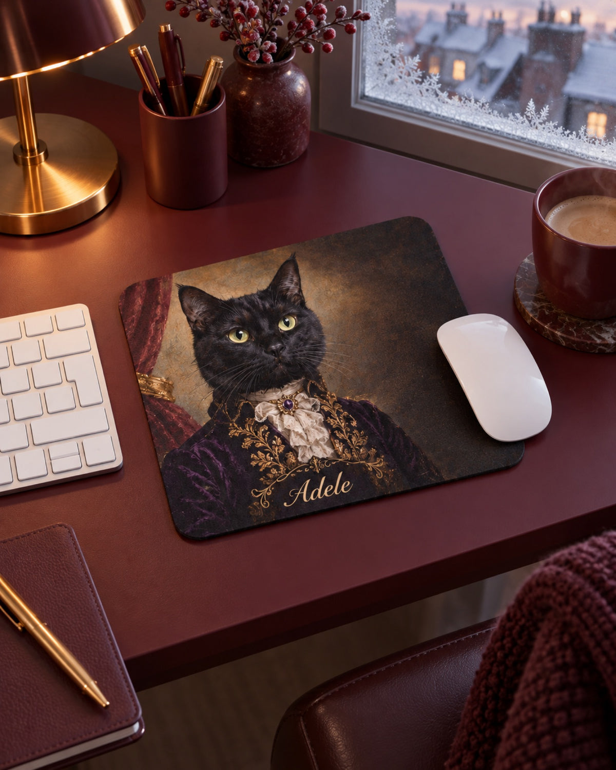 Mauspad 22 × 18 cm mit schwarzer Katze im Royal Stil und Namen Adele auf einem burgunderfarbenen Schreibtisch am frostigen Dachfenster