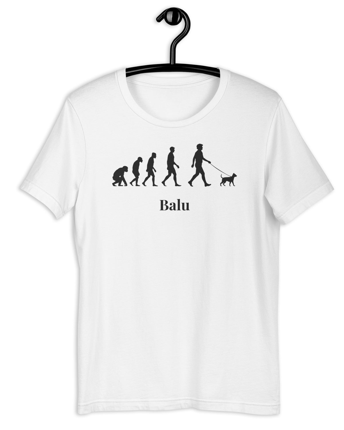 T-Shirt Pet Evolution in Weiß mit Namen Balu auf dem Bügel