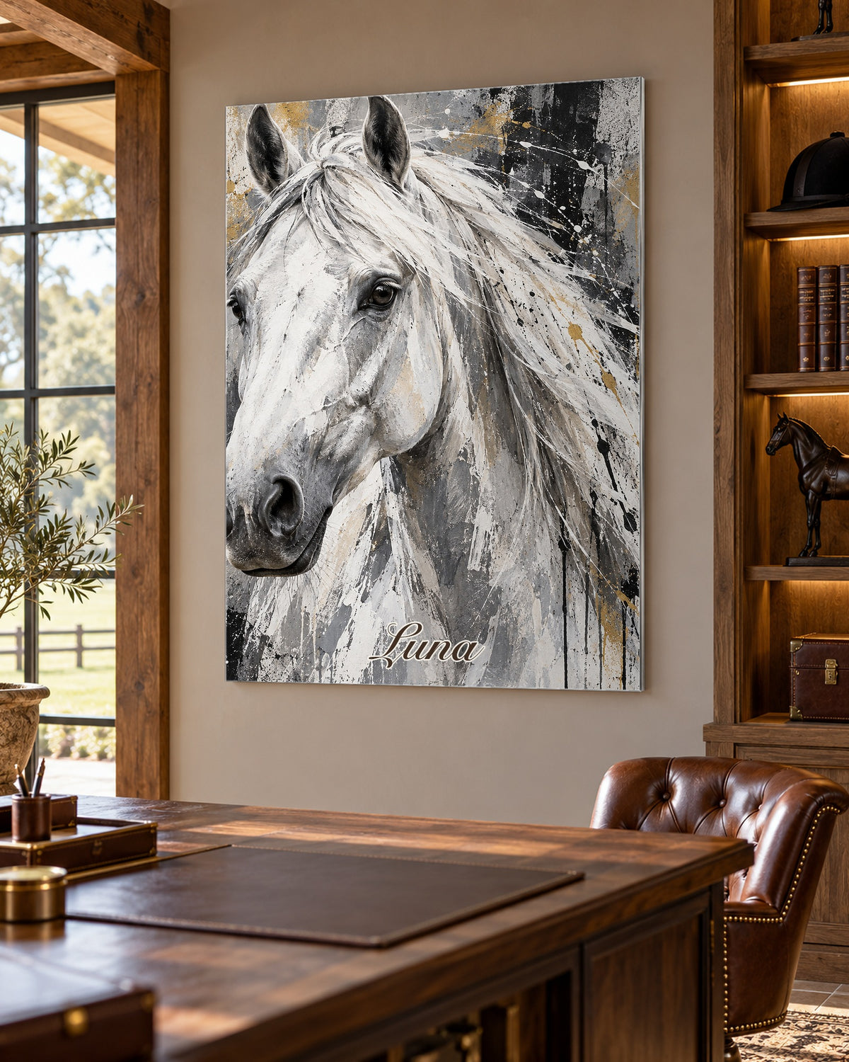Pferdeportrait im Street-Art-Stil auf Aluminium, gehängt im Arbeitszimmer mit Regal und Schreibtisch, Beispielname Luna