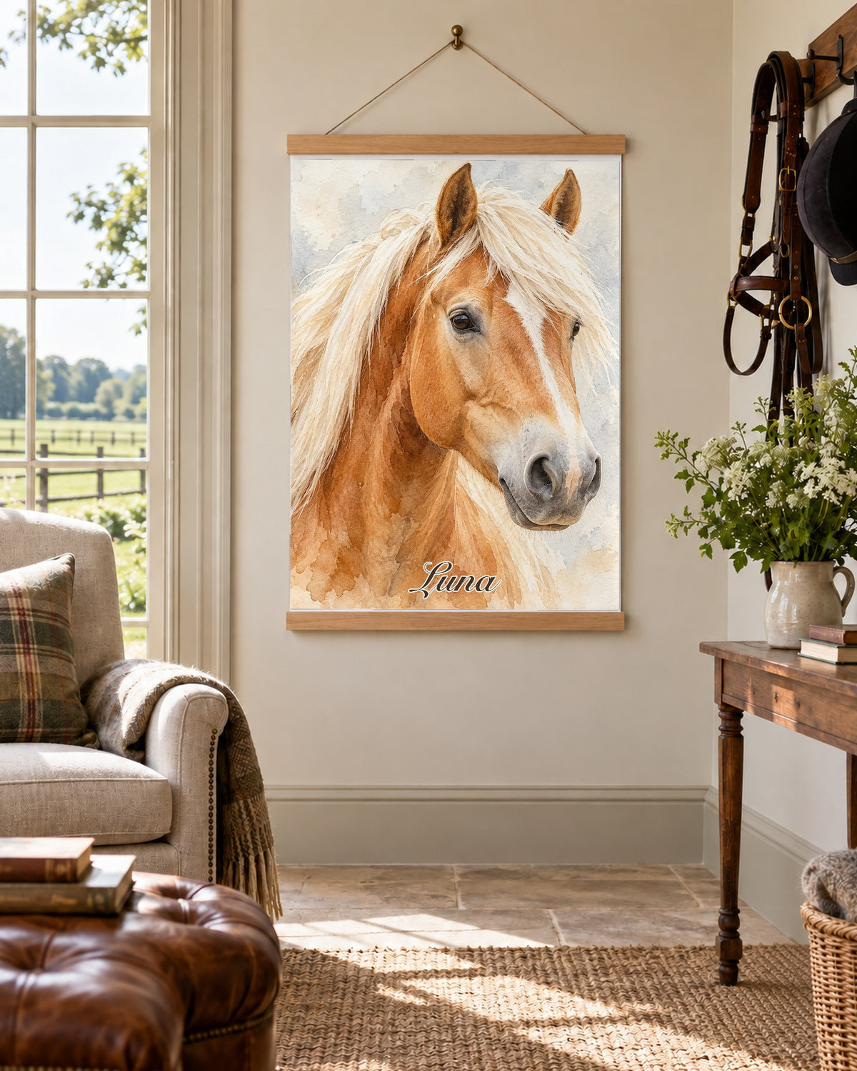 Pferdeportrait als Poster mit Holzleisten und Kordel zum Aufhängen, Beispielname Luna