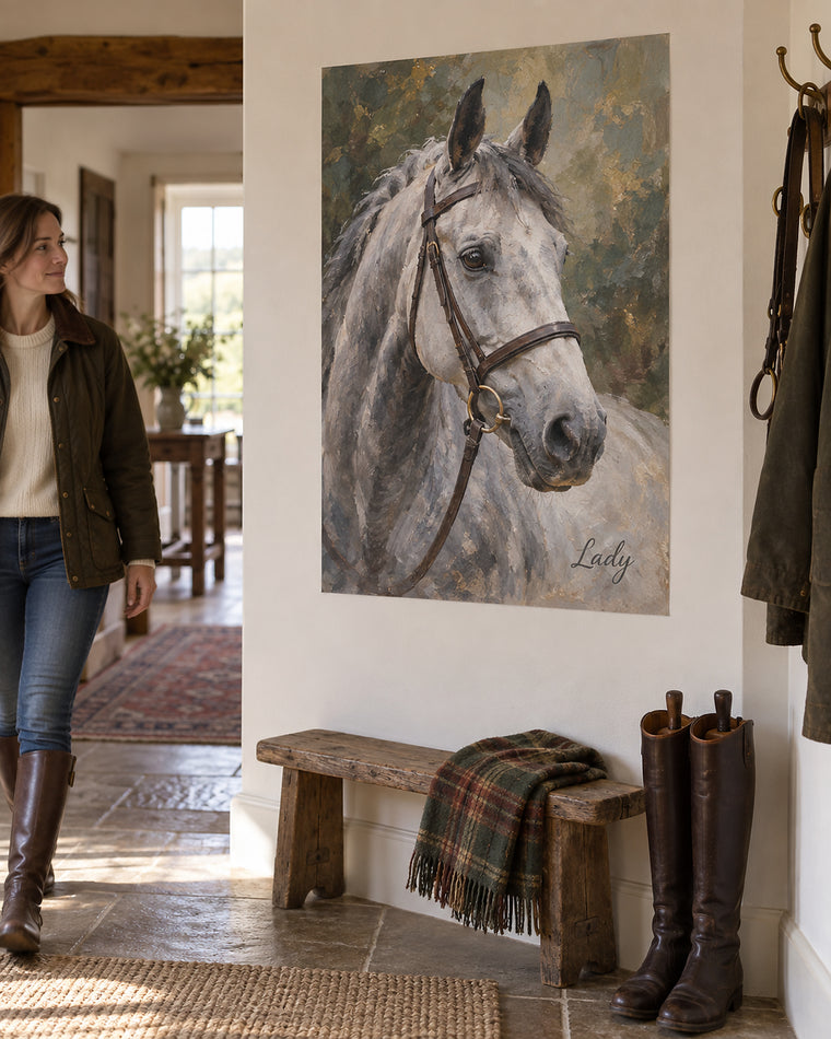 Horse portrait poster in a living room, gray horse named Lady